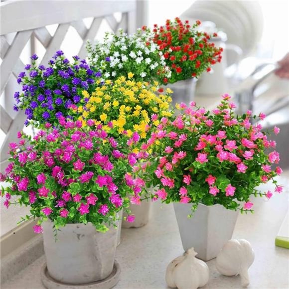 6 Bundles Outdoor Pink Artificial Flowers UV Resistant Fake Boxwood Plants Faux - Picture 4 of 7